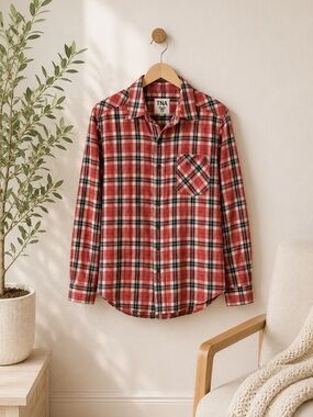 TNA‎ Aritzia Red Plaid Western Flannel Shirt XS Rodeo Ranch Cowgirl Colorful